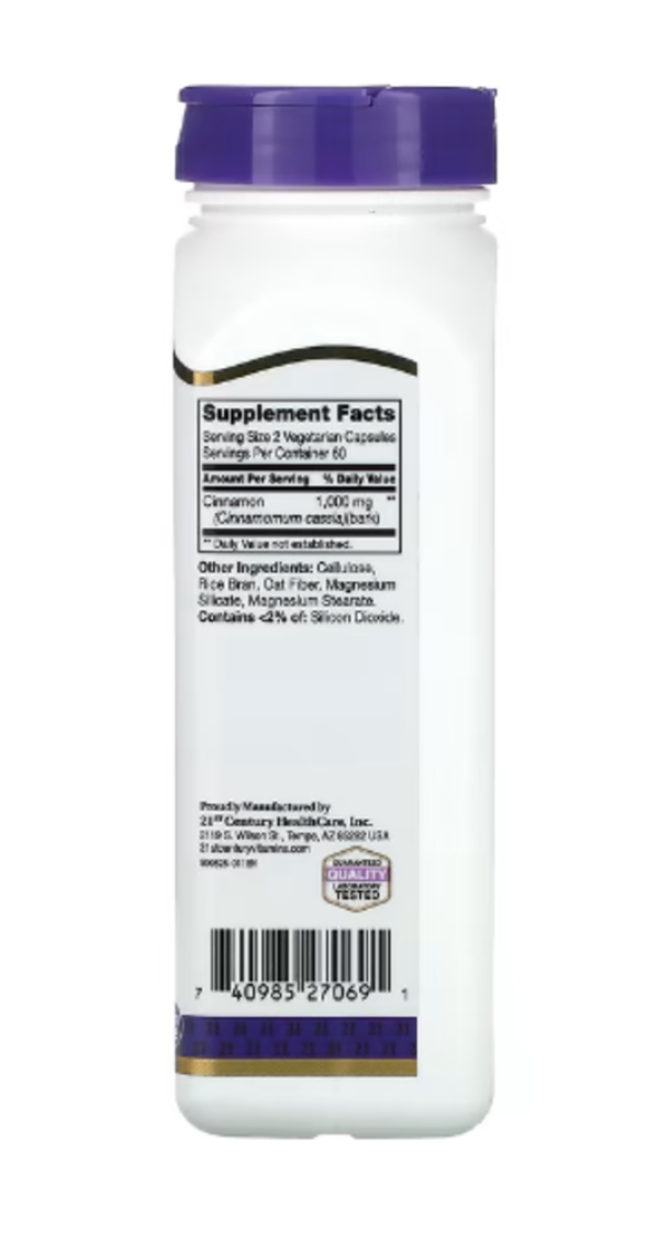 21st Century, Cinnamon, 1,000 mg, 120 Vegetarian Capsules (500 mg per Capsule)