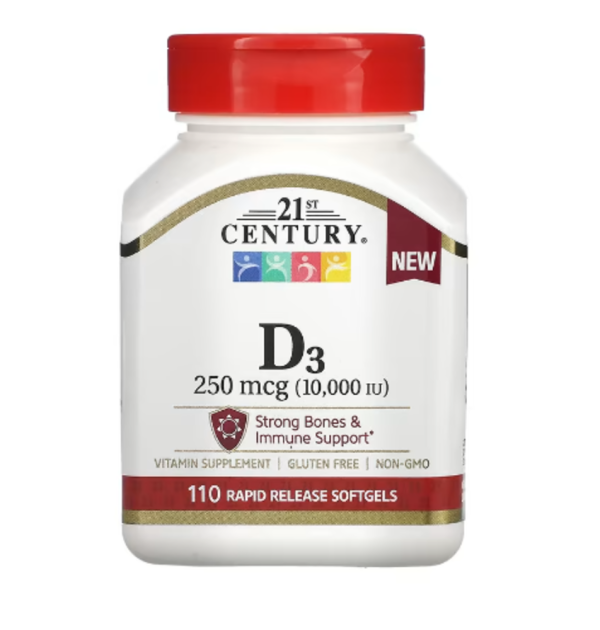 21st Century, Vitamin D3, 250 mcg (10,000 IU), 110 Rapid Release Softgels