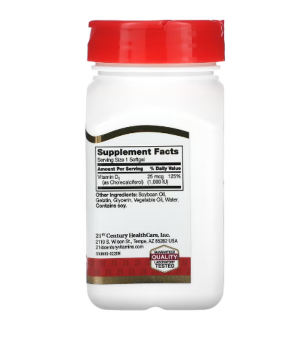 21st Century, Vitamin D3, 25 mcg (1,000 IU), 250 Rapid Release Softgels