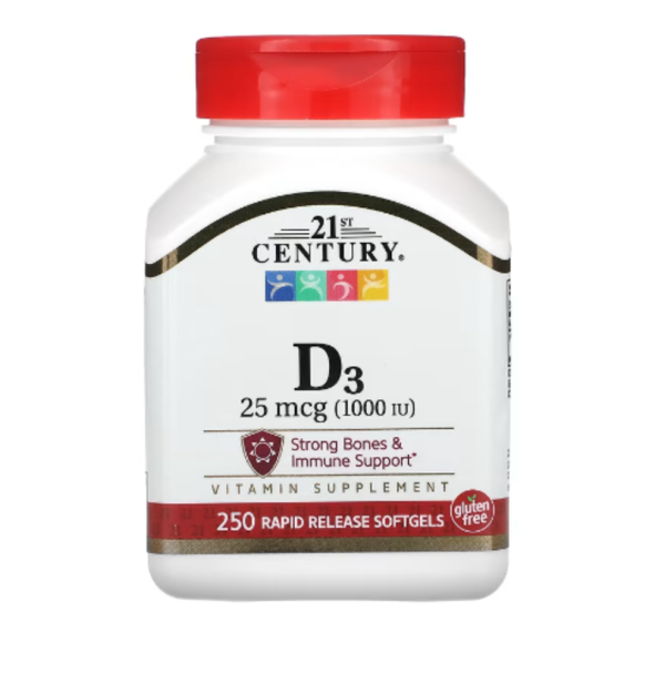 21st Century, Vitamin D3, 25 mcg (1,000 IU), 250 Rapid Release Softgels