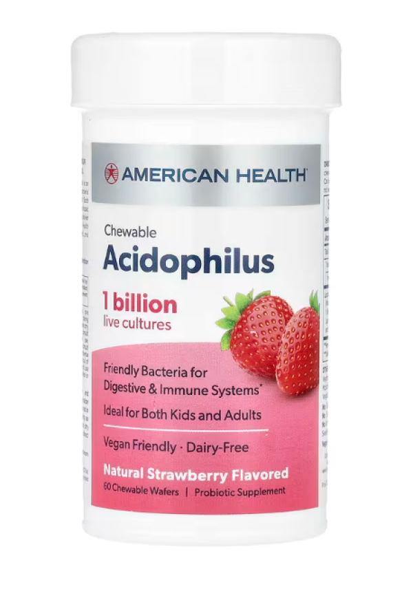 American Health, Chewable Acidophilus, Natural Strawberry, 1 Billion CFU, 60 Chewable Wafers