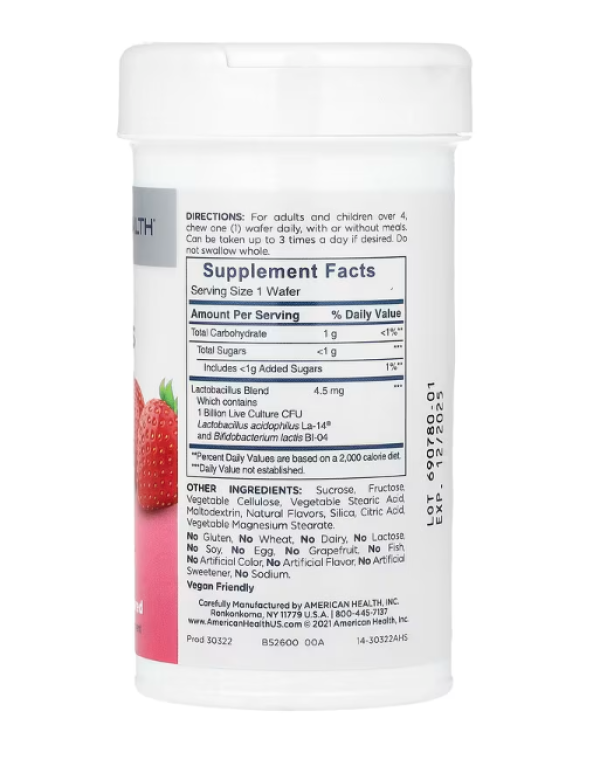 American Health, Chewable Acidophilus, Natural Strawberry, 1 Billion CFU, 60 Chewable Wafers