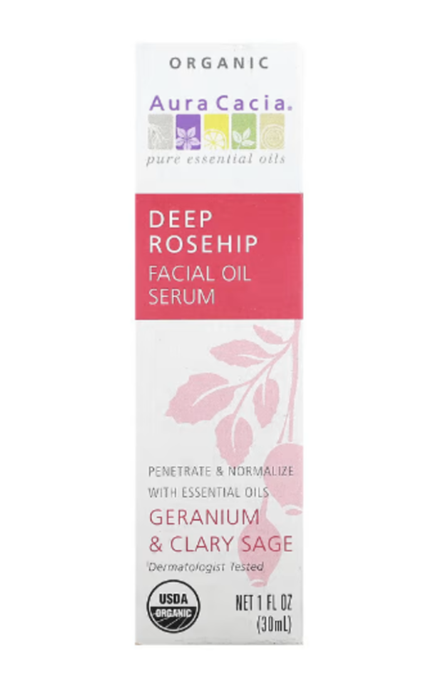 Aura Cacia, Organic Deep Rosehip Facial Oil Serum, Geranium & Clary Sage, 1 fl oz (30 ml)