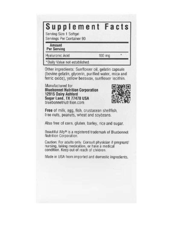 Bluebonnet Nutrition, Beautiful Ally, Hyaluronic Acid, 100 mg, 90 Softgels