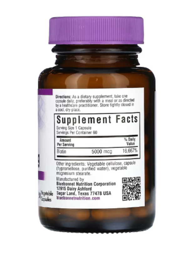 Bluebonnet Nutrition, Biotin, 5,000 mcg, 60 Vegetable Capsules