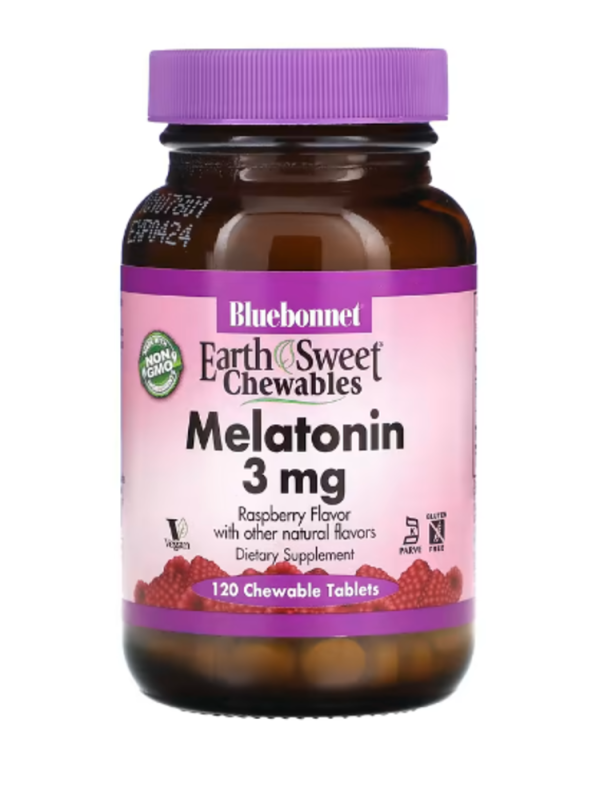 Bluebonnet Nutrition, EarthSweet Chewables, Melatonin, Natural Raspberry, 3 mg, 120 Chewable Tablets