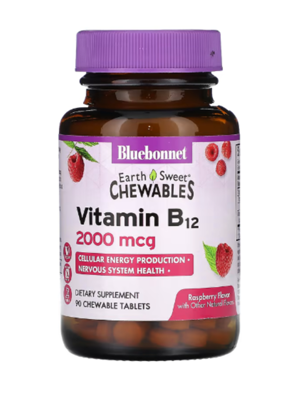 Bluebonnet Nutrition, EarthSweet Chewables, Vitamin B12, Raspberry , 2,000 mcg, 90 Chewable Tablets