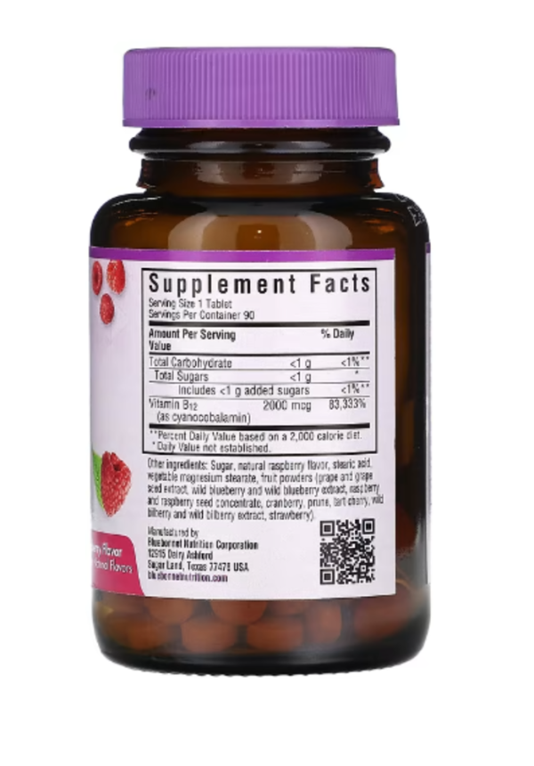 Bluebonnet Nutrition, EarthSweet Chewables, Vitamin B12, Raspberry , 2,000 mcg, 90 Chewable Tablets
