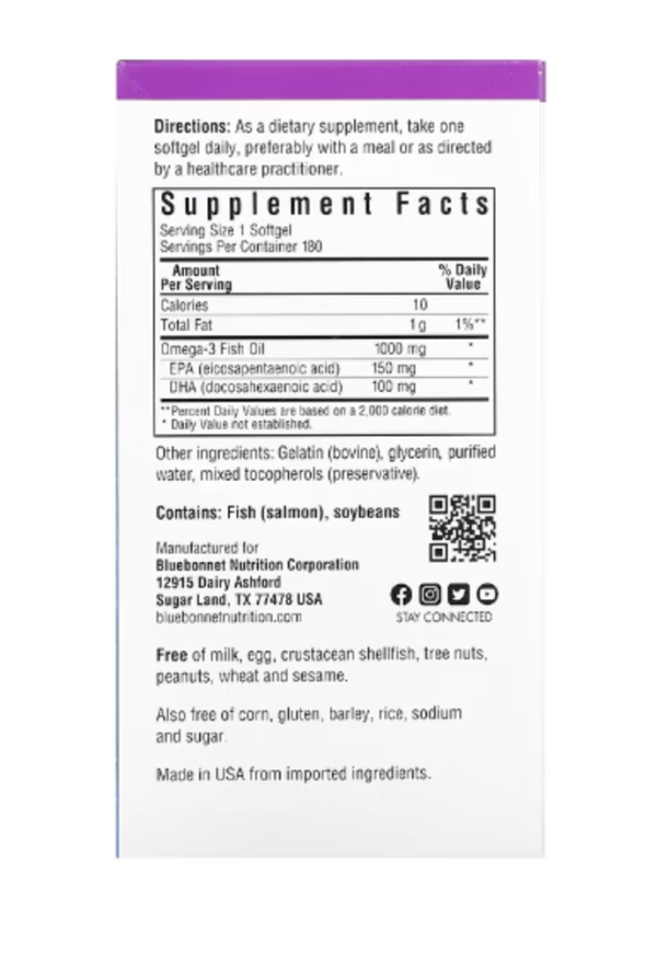 Bluebonnet Nutrition, Omega-3 Salmon Fish Oil, 1,000 mg, 180 Softgels