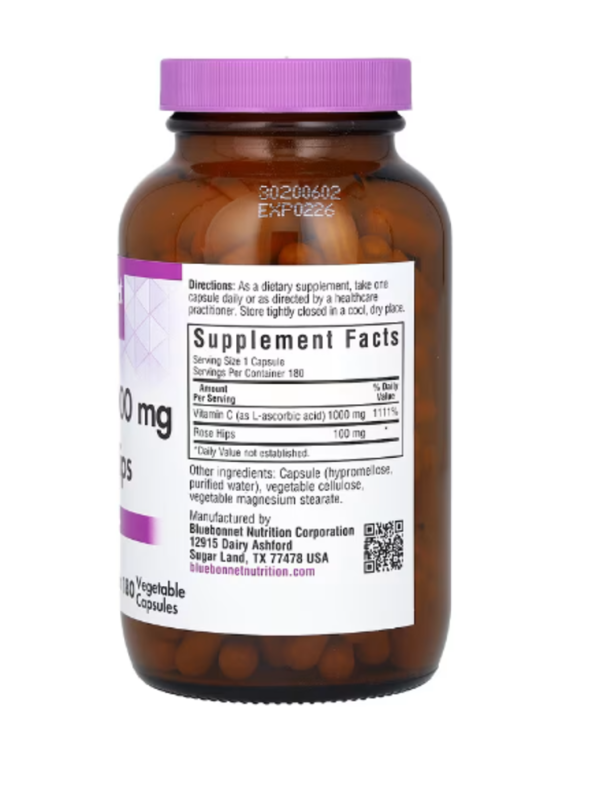 Bluebonnet Nutrition, Vitamin C & Rose Hips, 1,000 mg, 180 Vegetable Capsules