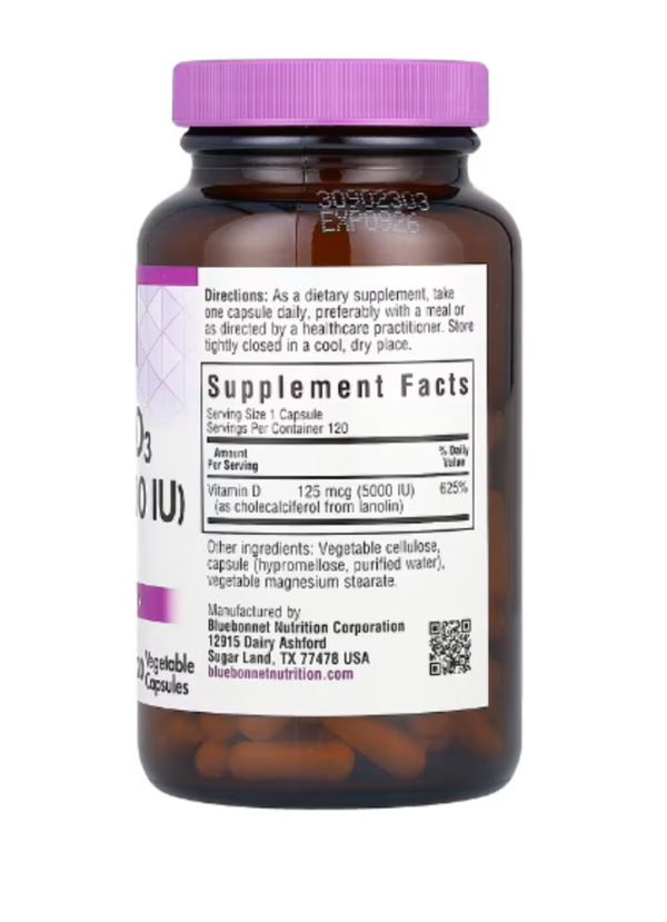 Bluebonnet Nutrition, Vitamin D3, 125 mcg (5,000 IU), 120 Vegetable Capsules