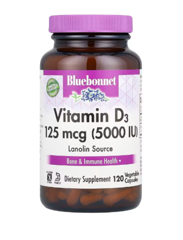 Bluebonnet Nutrition, Vitamin D3, 125 mcg (5,000 IU), 120 Vegetable Capsules