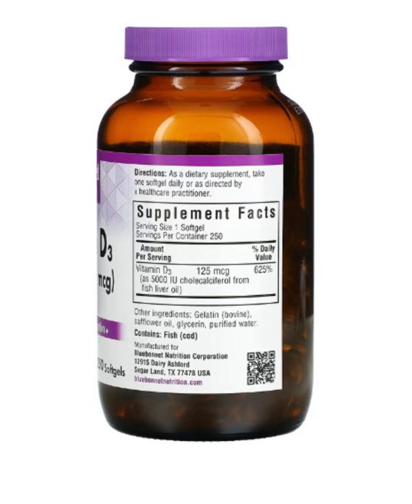 Bluebonnet Nutrition, Vitamin D3, 125 mcg (5000 IU), 250 Softgels