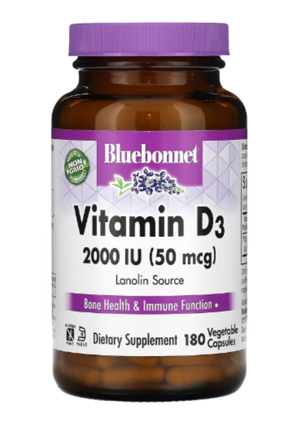 Bluebonnet Nutrition, Vitamin D3, 50 mcg (2,000 IU), 180 Vegetable Capsules