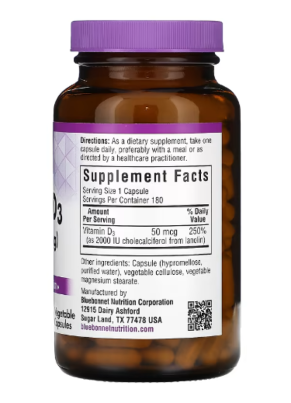 Bluebonnet Nutrition, Vitamin D3, 50 mcg (2,000 IU), 180 Vegetable Capsules
