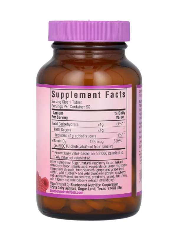 Bluebonnet Nutrition, Vitamin D3, Raspberry, 5,000 IU (125 mcg), 90 Chewable Tablets