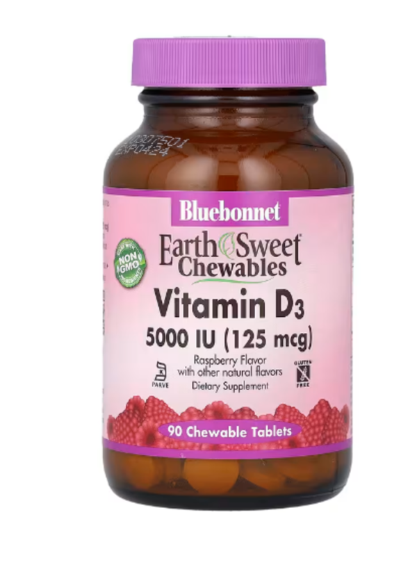 Bluebonnet Nutrition, Vitamin D3, Raspberry, 5,000 IU (125 mcg), 90 Chewable Tablets