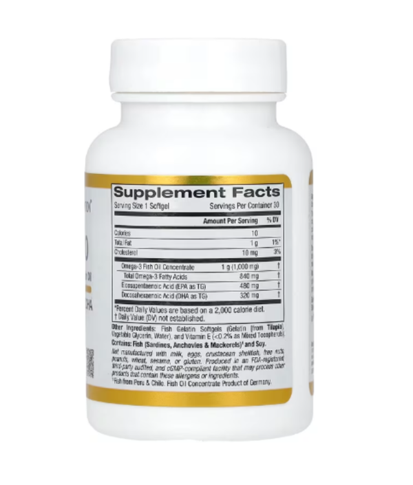 California Gold Nutrition, Omega 800 Ultra-Concentrated Omega-3 Fish Oil, kd-pur Triglyceride Form, 1,000 mg, 30 Fish Gelatin Softgels