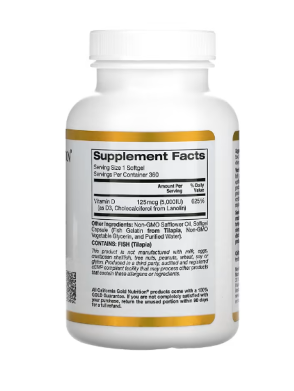California Gold Nutrition, Vitamin D3, 125 mcg (5,000 IU), 360 Fish Gelatin Softgels