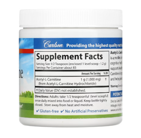 Carlson, Acetyl L-Carnitine Powder, Free-Form Amino Acid, 3.53 oz (100 g)