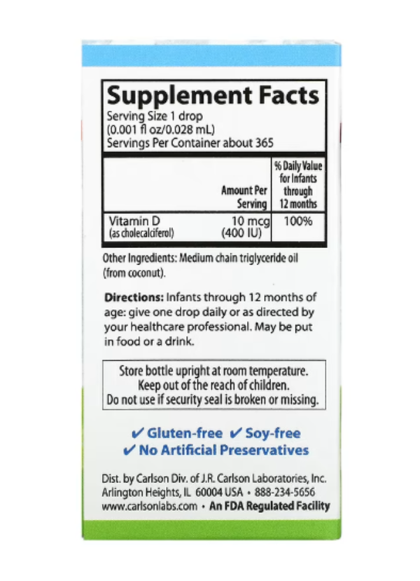 Carlson, Baby's Super Daily D3, 10 mcg (400 IU), 0.35 fl oz (10.3 ml)