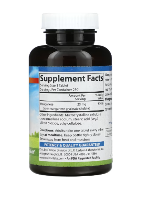 Carlson, Chelated Manganese, 20 mg, 250 Tablets