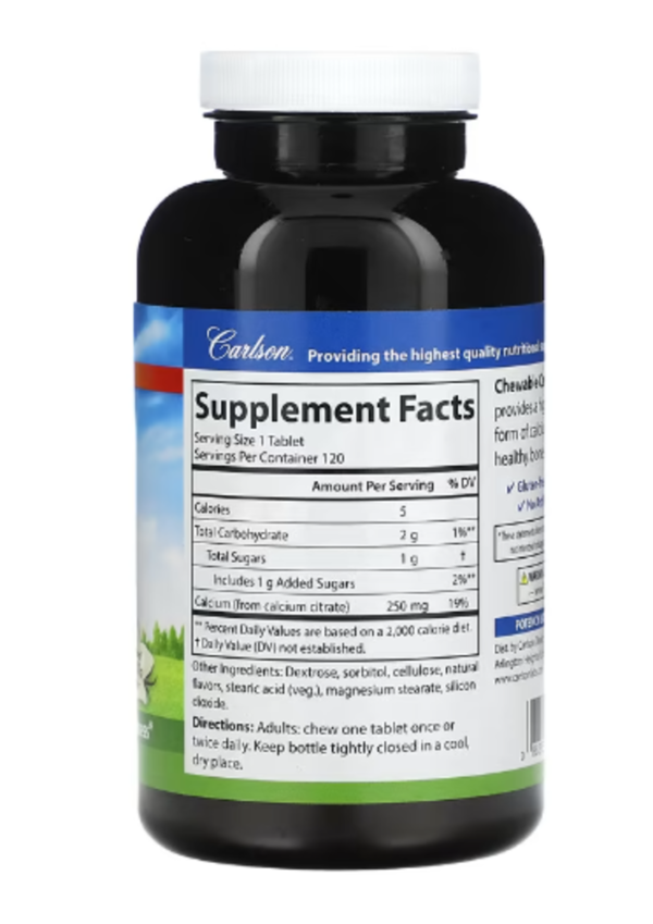 Carlson, Chewable Calcium Citrate, Natural Vanilla, 250 mg, 120 Tablets