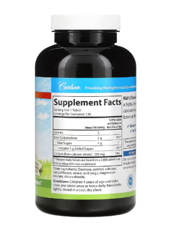 Carlson, Kid's, Chewable Calcium, Natural Vanilla, 250 mg, 120 Tablets