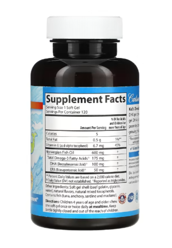 Carlson, Kid's Chewable DHA, Bursting Orange , 100 mg, 120 Soft Gels