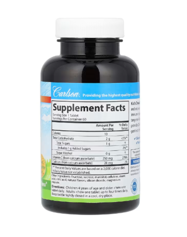 Carlson, Kid's Chewable Vitamin C, Natural Tangerine , 250 mg, 60 Vegetarian Tablets