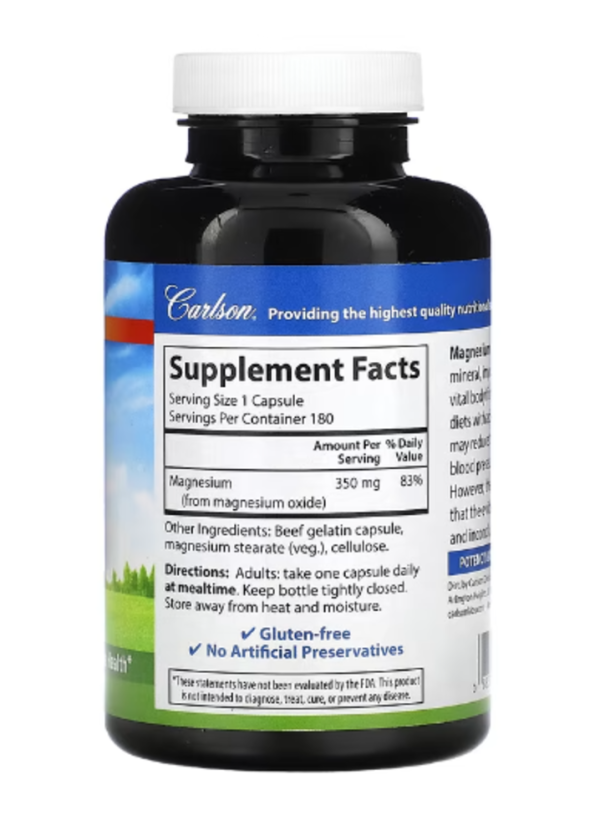 Carlson, Magnesium, 350 mg, 180 Capsules