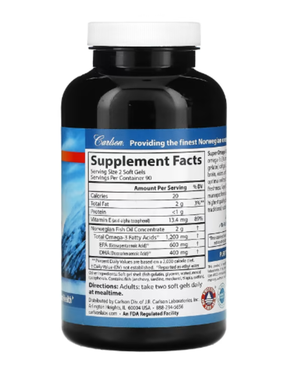 Carlson, Norwegian, Super Omega-3 Gems, 1,200 mg, 180 Soft Gels (600 mg per Soft Gel)