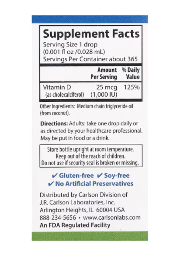 Carlson, Super Daily D3, 25 mcg (1,000 IU), 0.35 fl oz (10.3 ml)