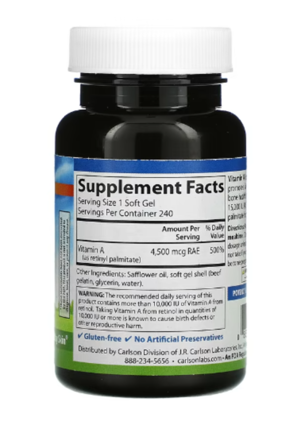 Carlson, Vitamin A, 4,500 mcg RAE (15,000 IU), 240 Soft Gels