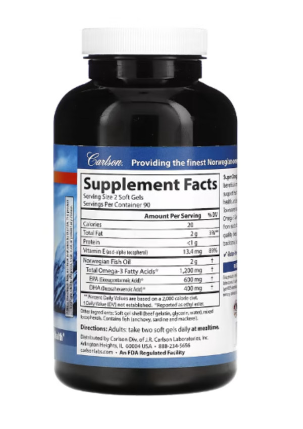 Carlson, Wild Caught Super Omega-3 Gems, 1,200 mg, 180 Soft Gels (600 mg per Soft Gel)