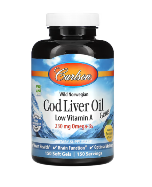Carlson, Wild Norwegian, Cod Liver Oil Gems, Low Vitamin A, Natural Lemon , 230 mg, 150 Soft Gels