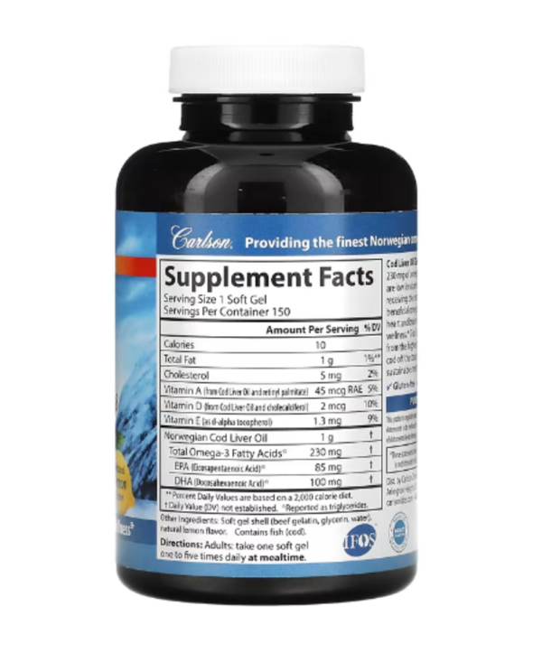 Carlson, Wild Norwegian, Cod Liver Oil Gems, Low Vitamin A, Natural Lemon , 230 mg, 150 Soft Gels