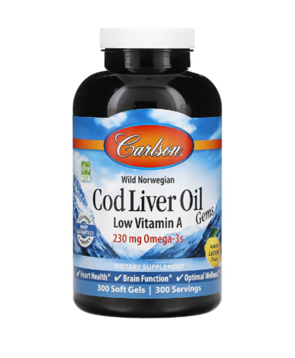 Carlson, Wild Norwegian, Cod Liver Oil Gems, Low Vitamin A, Natural Lemon, 230 mg, 300 Soft Gels