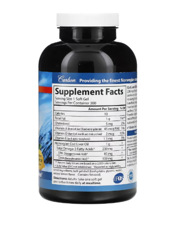 Carlson, Wild Norwegian, Cod Liver Oil Gems, Low Vitamin A, Natural Lemon, 230 mg, 300 Soft Gels