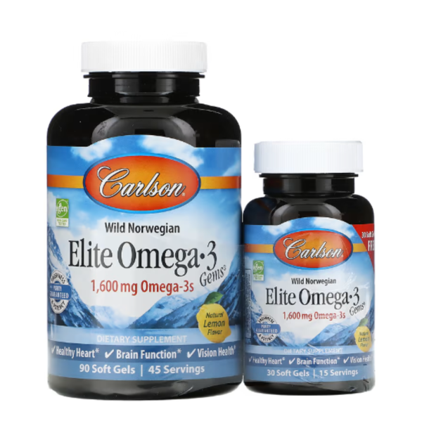 Carlson, Wild Norwegian, Elite Omega-3 Gems, Natural Lemon, 1,600 mg, 120 Soft Gels (800 mg per Soft Gel)