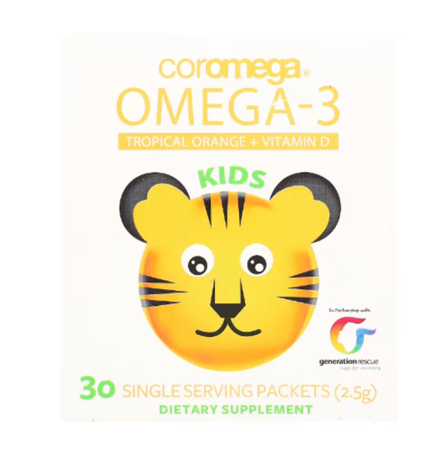 Coromega, Kids, Omega-3, Tropical Orange + Vitamin D, 30 Single Serving Packets, (2.5 g)