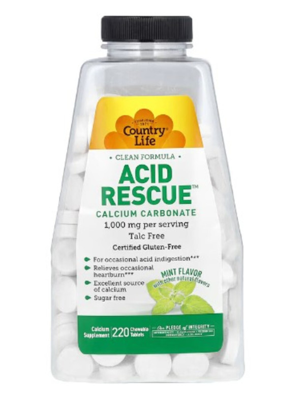 Country Life, Acid Rescue, Calcium Carbonate, Mint, 1,000 mg, 220 Chewable Tablets (500 mg per Tablet)