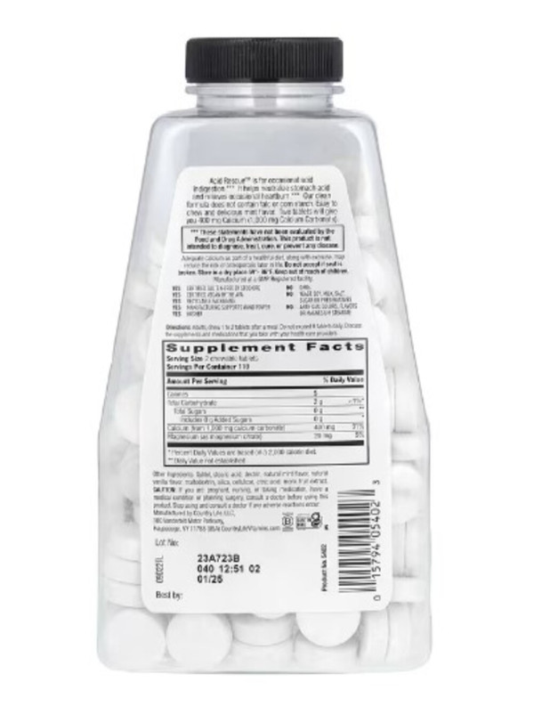 Country Life, Acid Rescue, Calcium Carbonate, Mint, 1,000 mg, 220 Chewable Tablets (500 mg per Tablet)