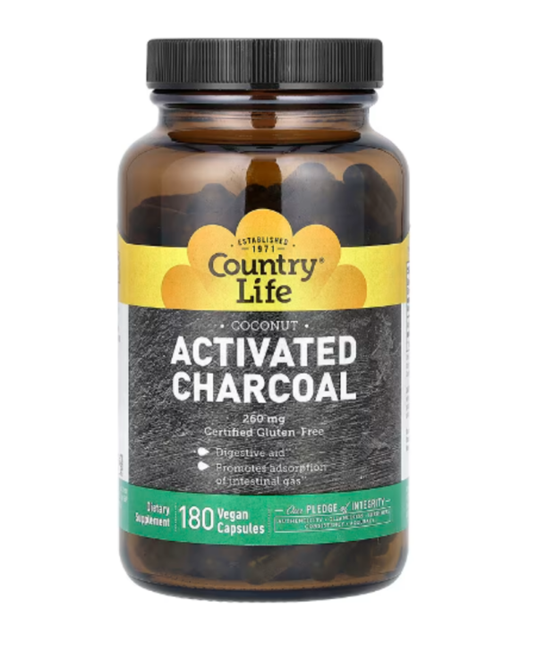Country Life, Activated Charcoal, Coconut, 520 mg, 180 Vegan Capsules (260 mg per Capsule)