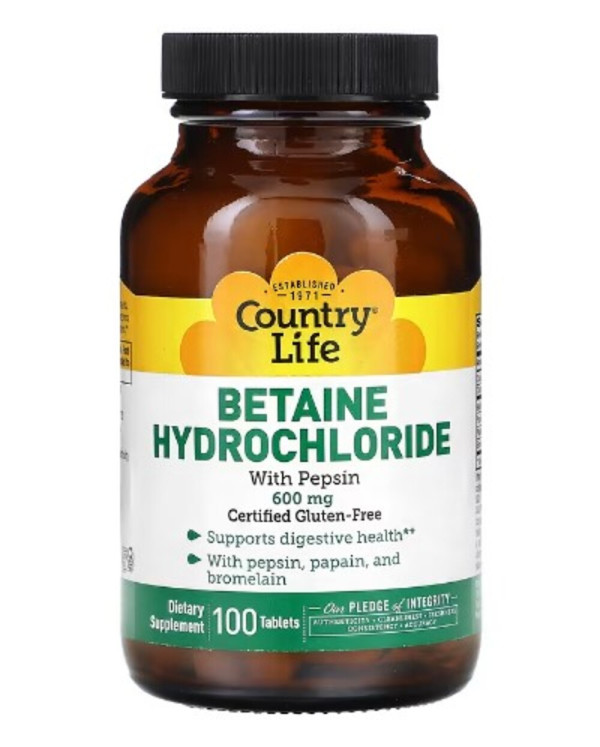 Country Life, Betaine Hydrochloride with Pepsin, 600 mg, 100 Tablets