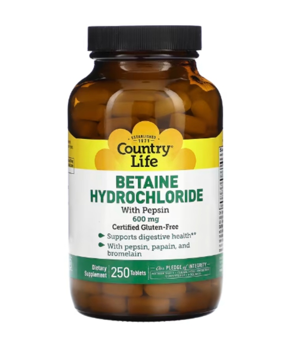 Country Life, Betaine Hydrochloride with Pepsin, 600 mg, 250 Tablets