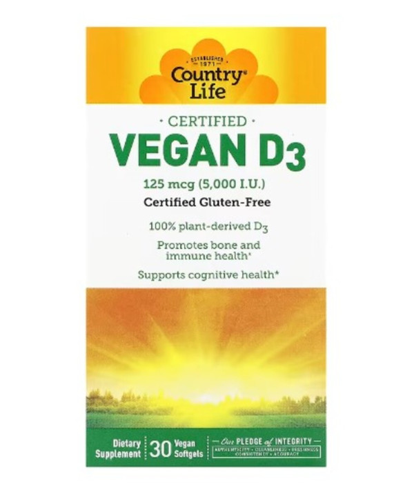 Country Life, Certified Vegan D3, 125 mcg (5,000 IU), 30 Vegan Softgels