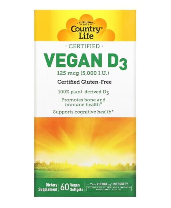 Country Life, Certified Vegan D3, 125 mcg (5,000 IU), 60 Vegan Softgels