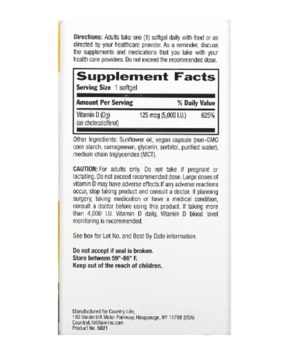 Country Life, Certified Vegan D3, 125 mcg (5,000 IU), 60 Vegan Softgels