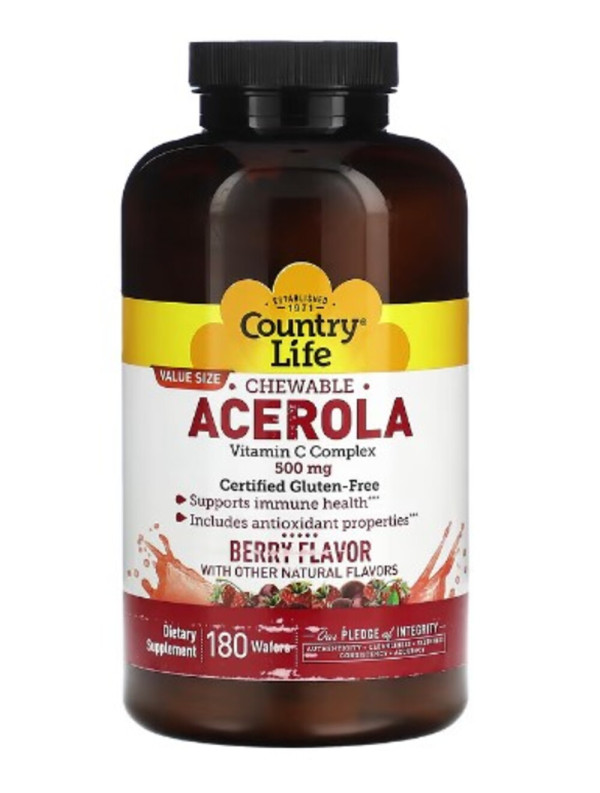 Country Life, Chewable Acerola, Vitamin C Complex, Berry, 500 mg, 180 Wafers